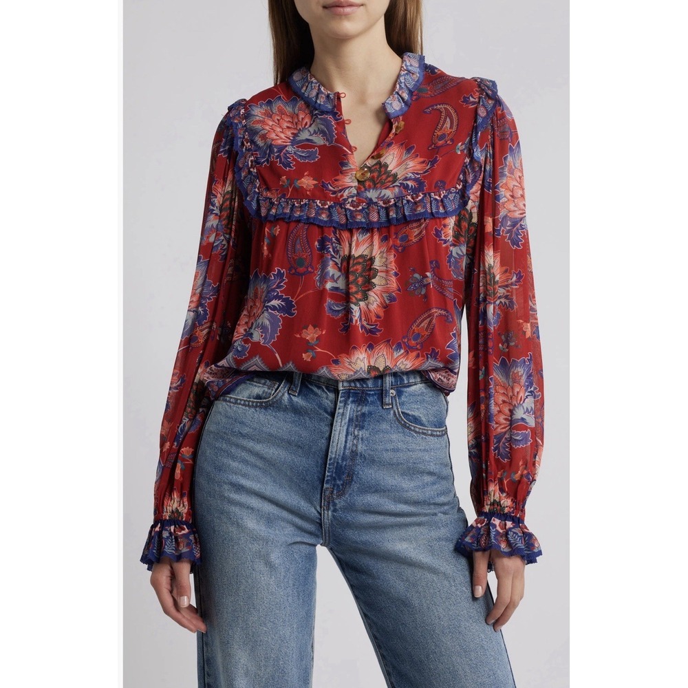Farm Rio Laung Long Sleeve Popover Top Women Size Large Red Floral Boho Ruffle